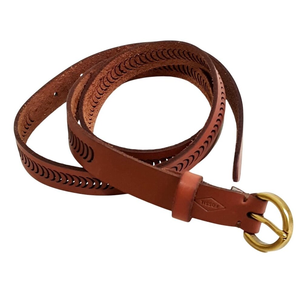 Fossil Womens Cutout Leather Belt Gold Buckle Brown Size L Casual/Western Style